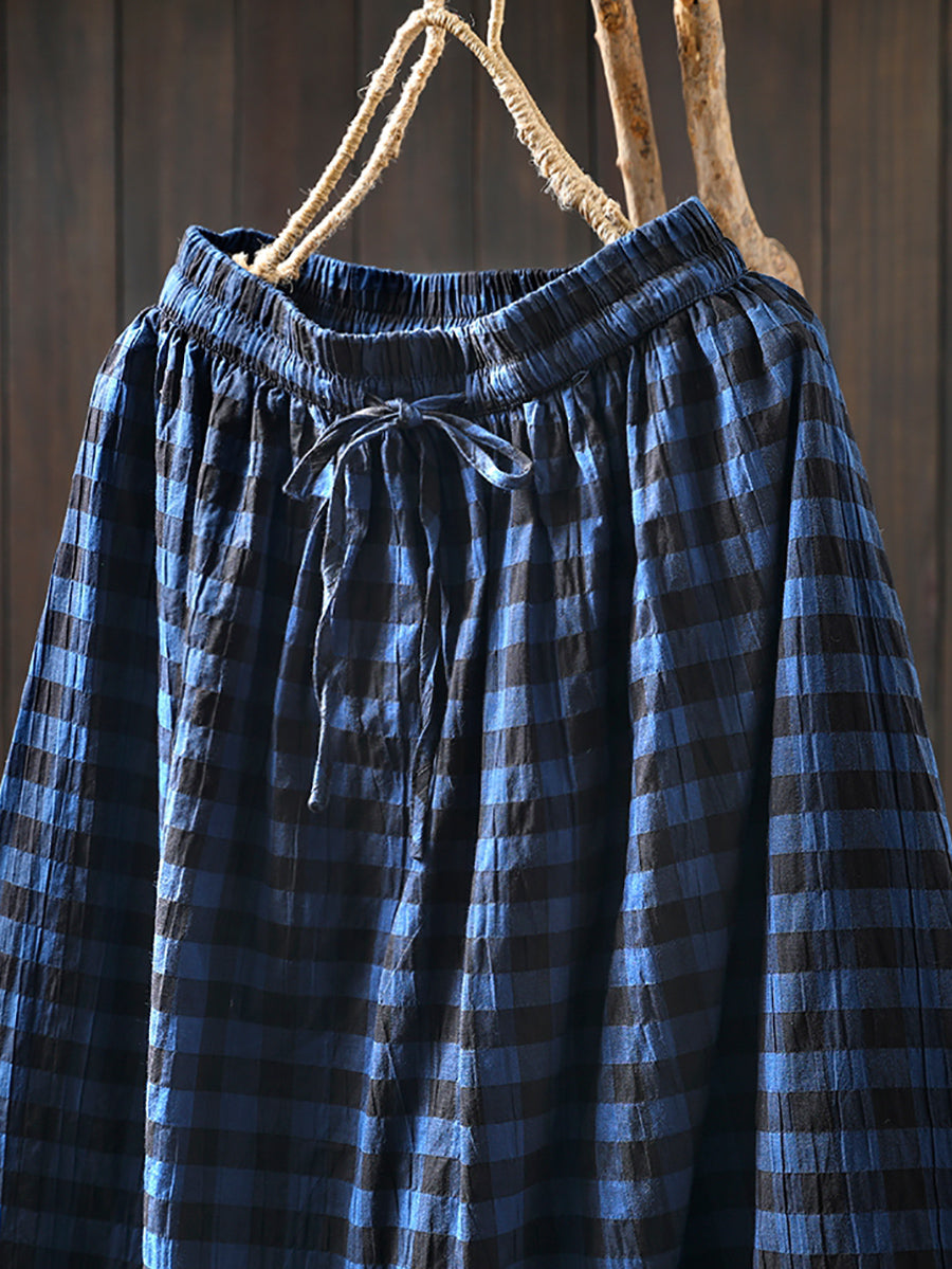 Women Spring Plaid Strap A-Shape 100%Cotton Skirt