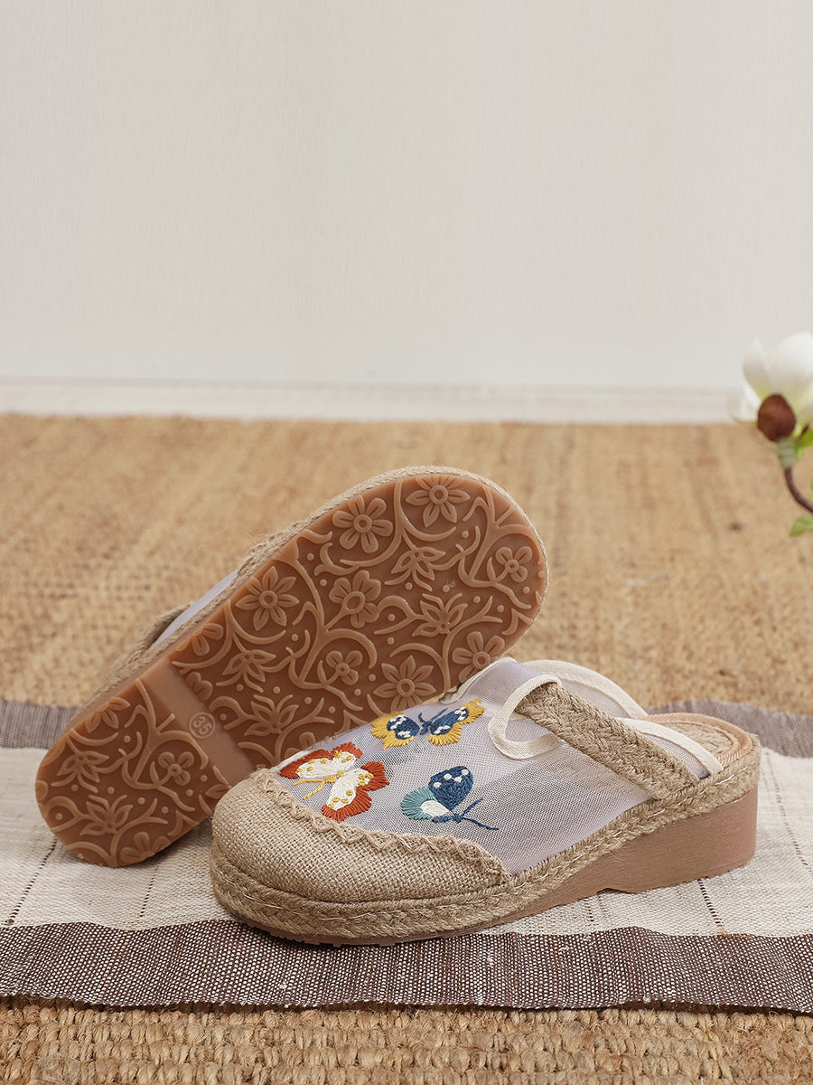 Women Summer Artsy Butterfly Embroidery Mid Heel Slippers