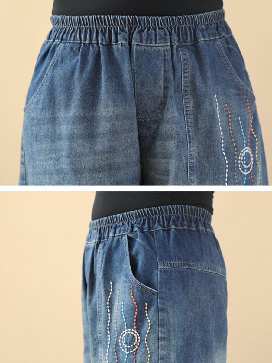 Women Retro Cat Fish Embroidery Denim Harem Pants