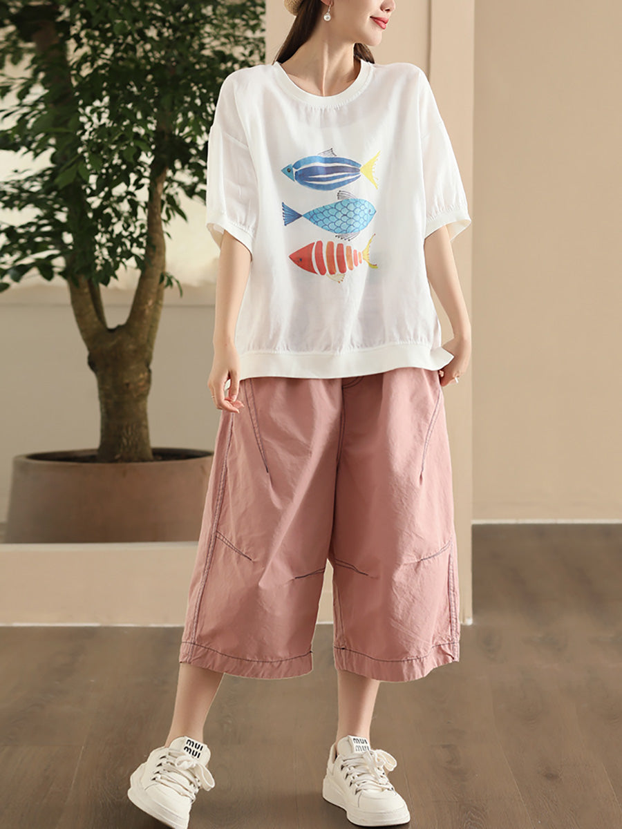 Plus Size Women Summer Casual Pure Color Cotton Spliced Pants