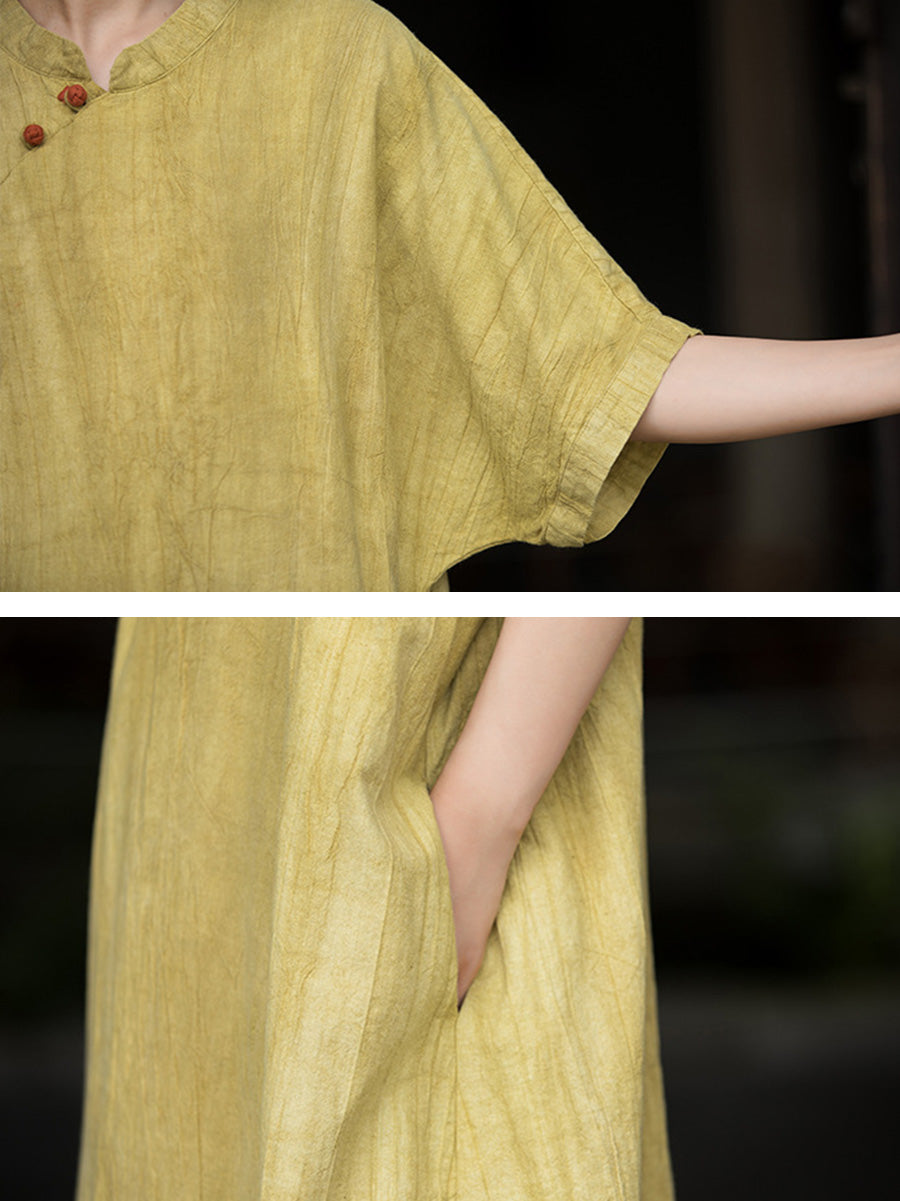 Women Summer Artsy Tie-dye Stand Collar Ramie Dress