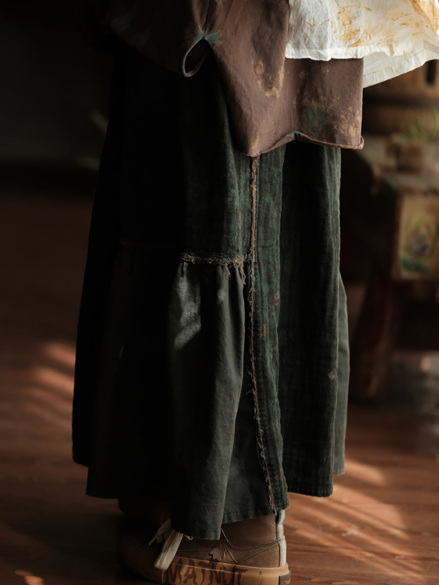 Women Spring Retro Spliced A-Shape Cotton Skirt