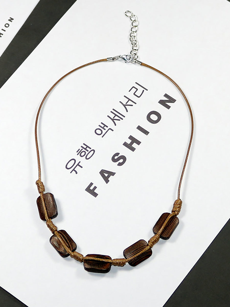 Women Artsy Wooden Straw Geometric Pendent Necklace