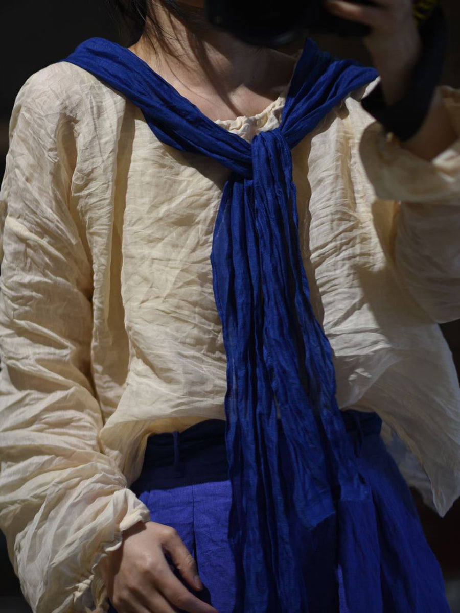 Women Summer Artsy Pure Color O-Neck Ramie Shirt