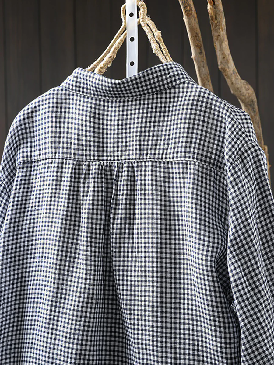 Plus Size Women Lattice Linen Cotton Turn-down Collar Shirt