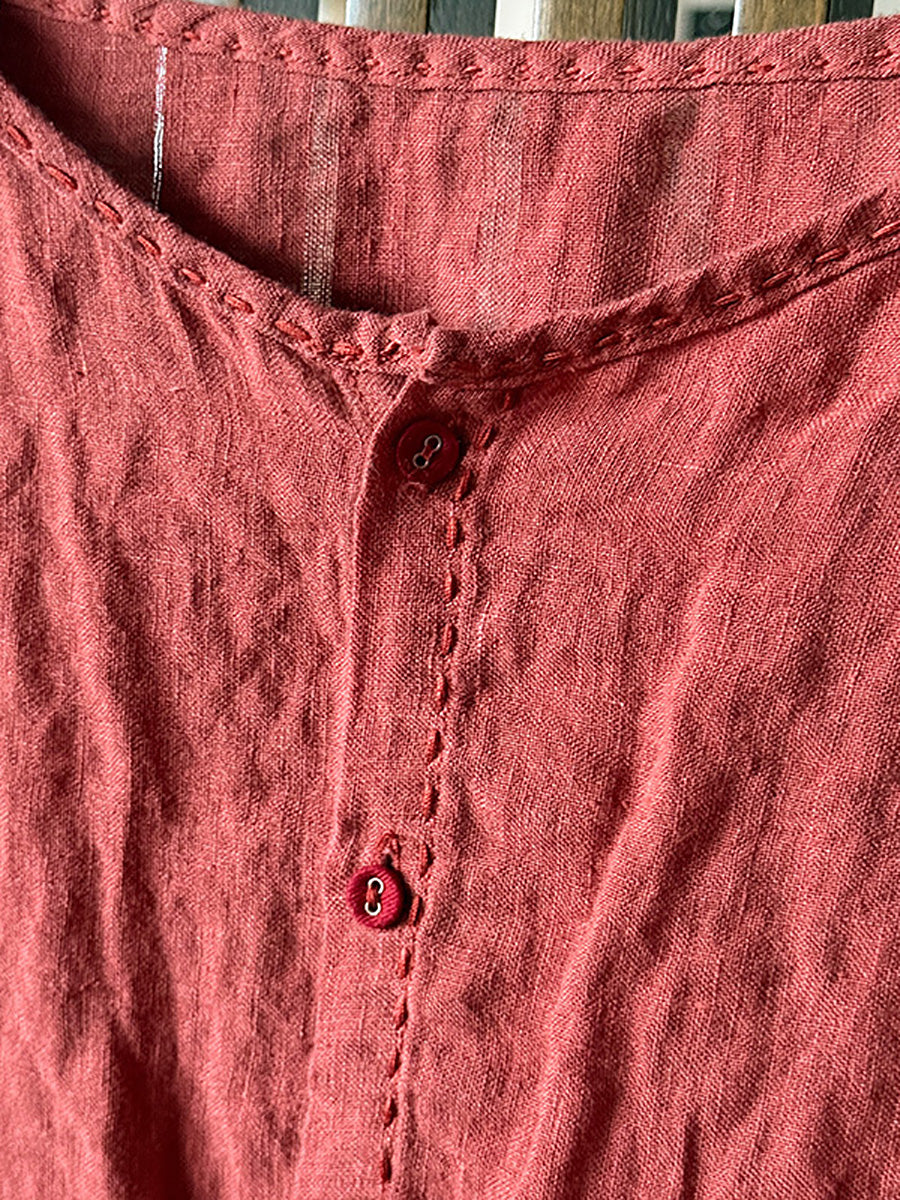 Women Summer Casual Pure Color O-Neck Linen Shirt