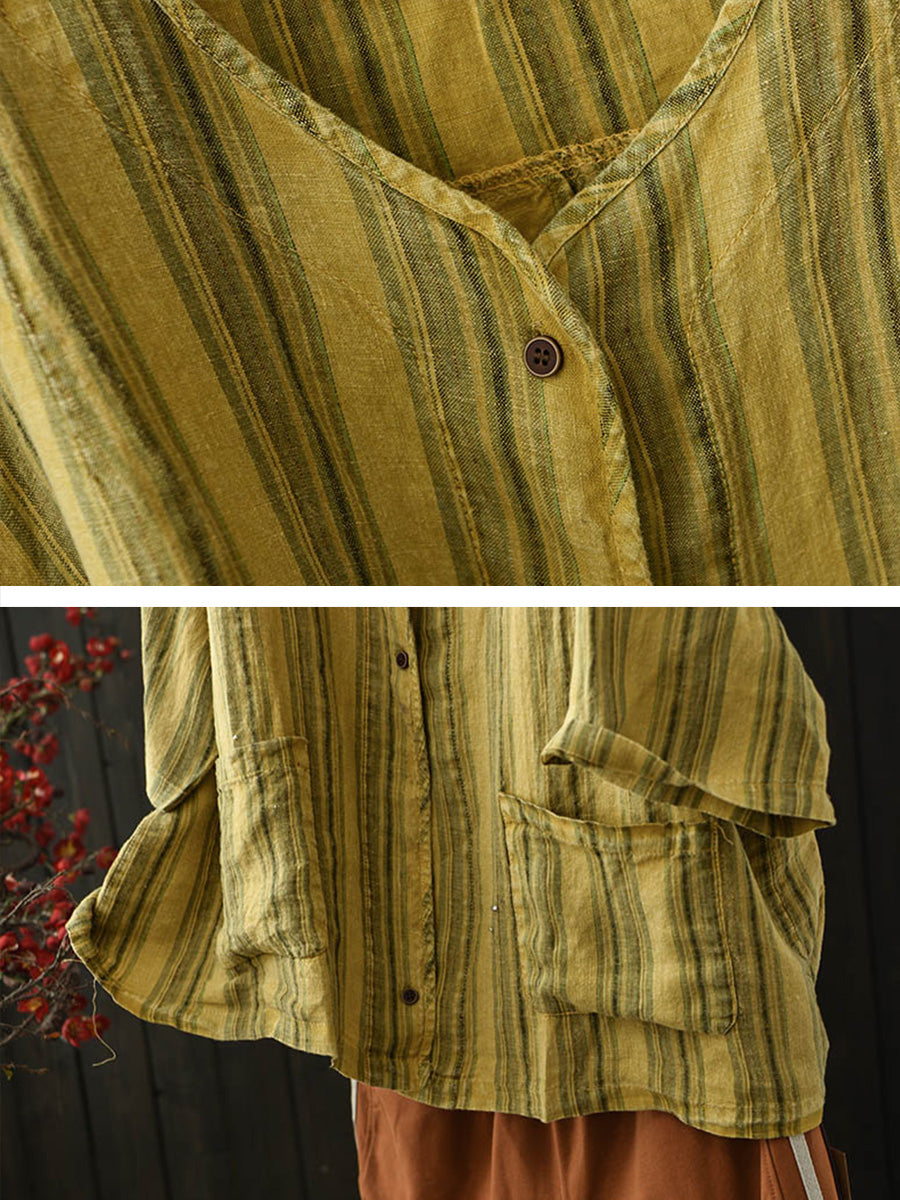 Women Summer Retro Stripe V-Neck Linen Shirt