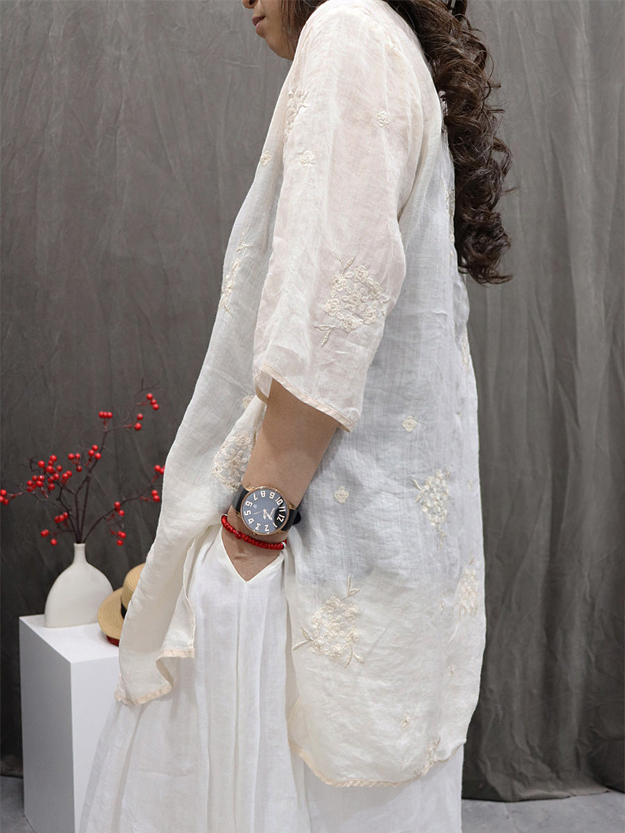 Women Summer Flower Embroidery O-Neck 100%Ramie Shirt