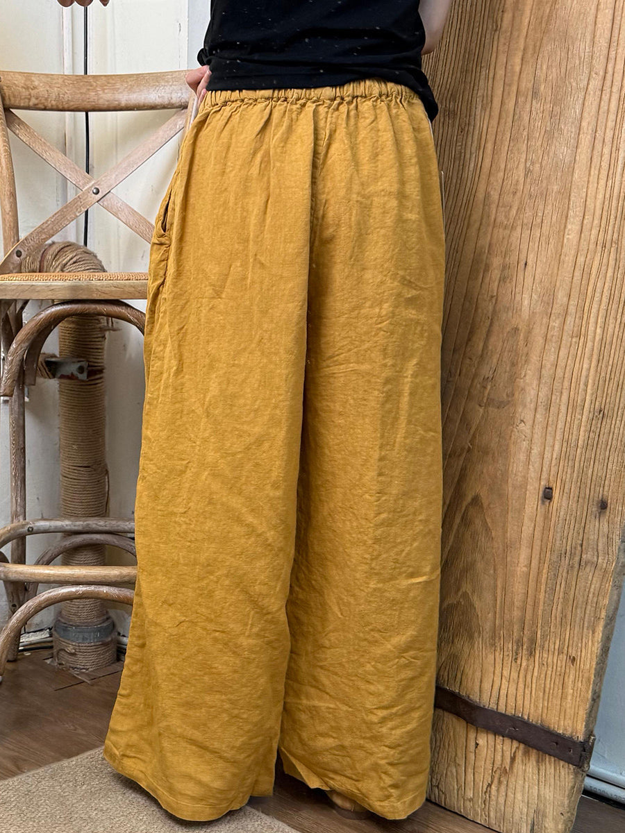 Plus Size Women Summer Casual Pure Color Linen Wide-leg Pants