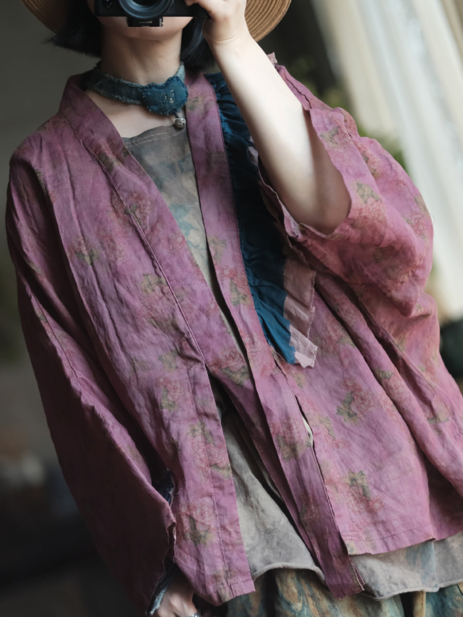 Women Summer Artsy Flower Colorblock Patch Linen Shirt Coat