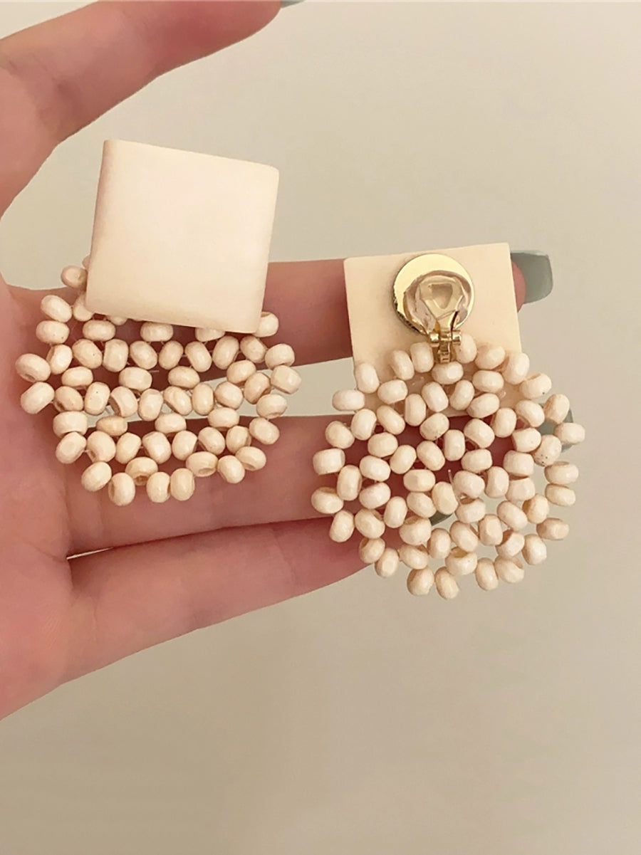 Women Vintage Square Wooden Bead Flower Earrings