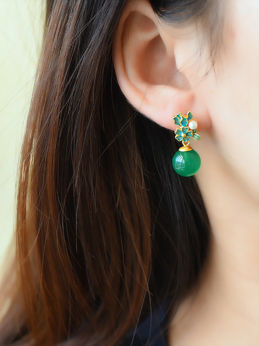 Women Vintage S925Silver Jade Enamel Flower Earrings
