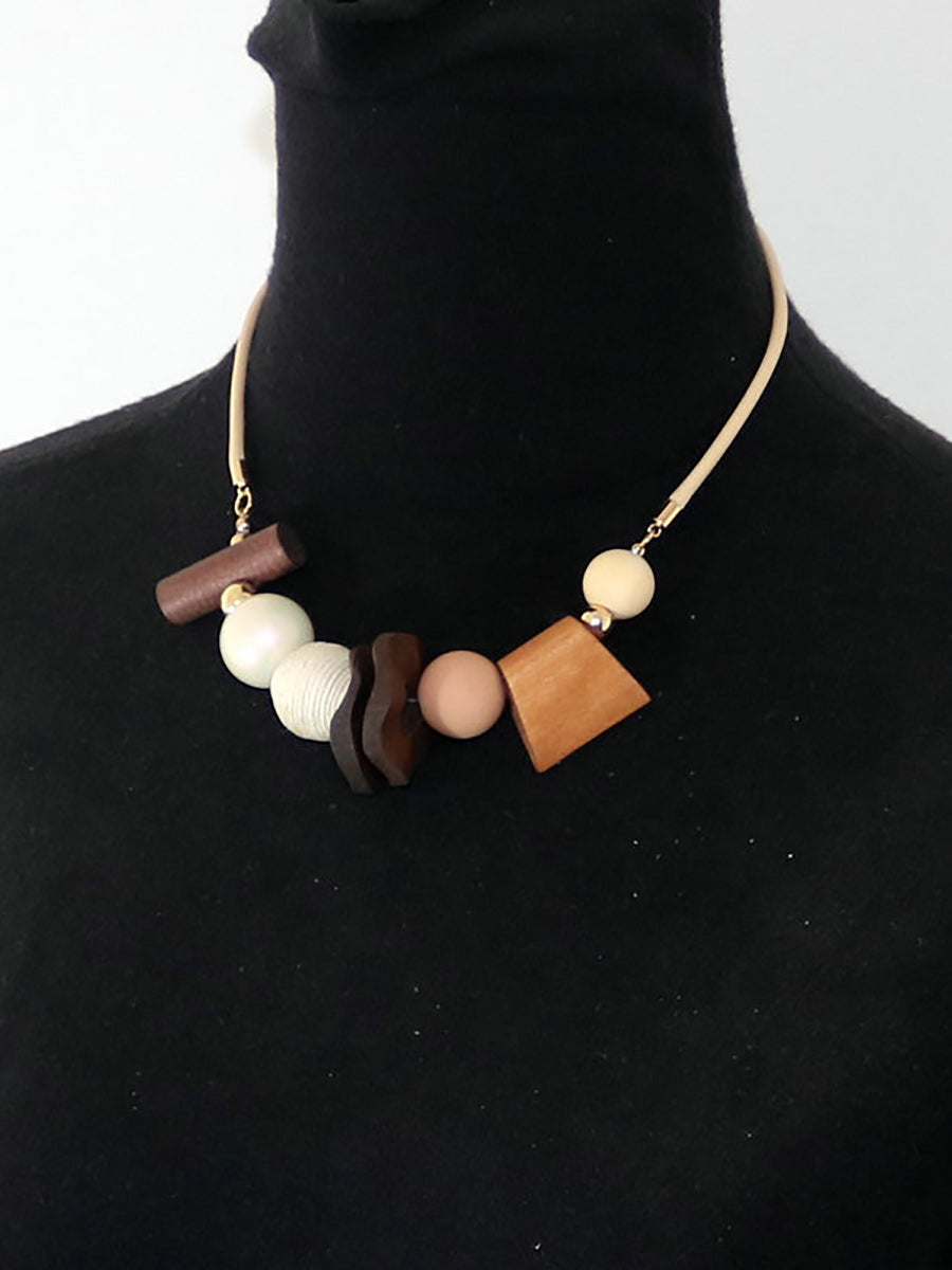 Women Artsy Wooden Geometric Pandent Necklace