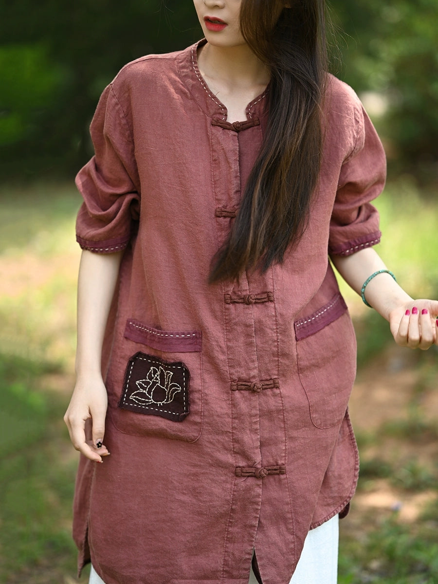 Women Summer Retro Lotus Patch Stand Collar 100%Linen Shirt
