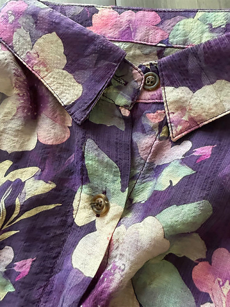 Plus Size Women Summer Artsy Flower Turn-down Collar Long Sleeve Shirt