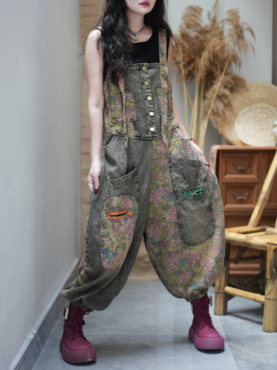 Women Summer Retro Flower Patch Spliced Denim Jumpsuits