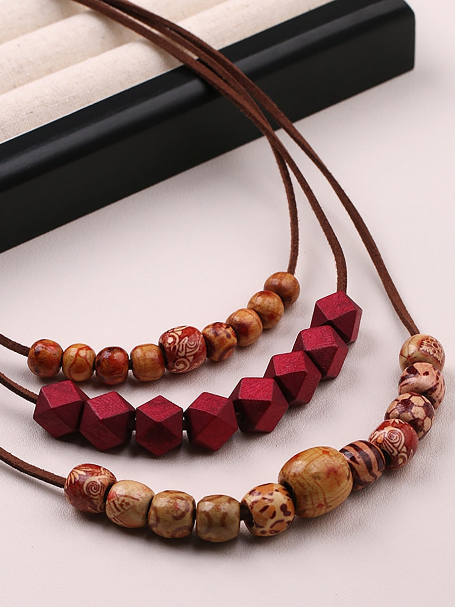 Women Artsy Wood Bead Multilayer Necklace