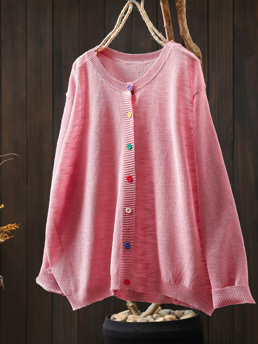 Women Summer Casual Colorful Button Knitted O-Neck Shirt