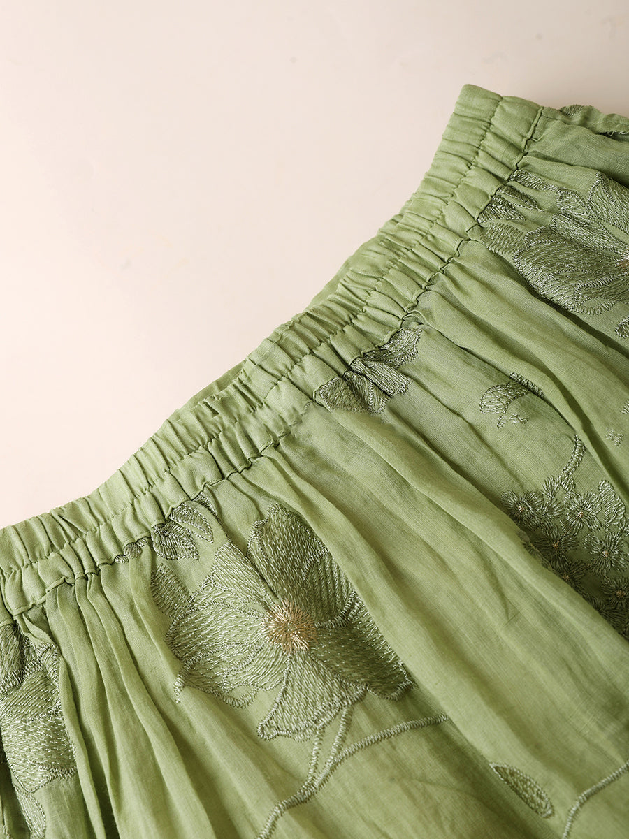 Plus Size Women Summer Artsy Flower Embroidery 100%Ramie Skirt