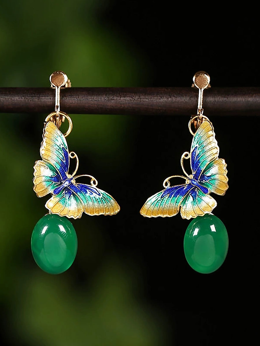 Women Ethnic Cloisonne Butterfly S925Silver Jade Earrings