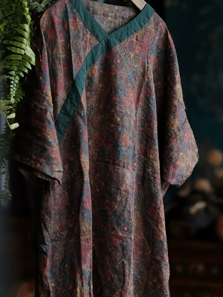 Women Summer Ethnic Flower 100%Ramie V-Neck Dress