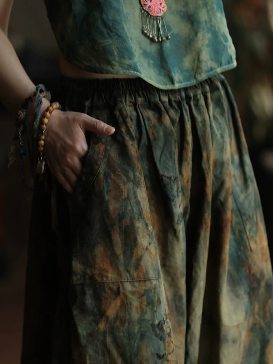 Women Summer Retro Tie-dye Cotton Wide-leg Pants