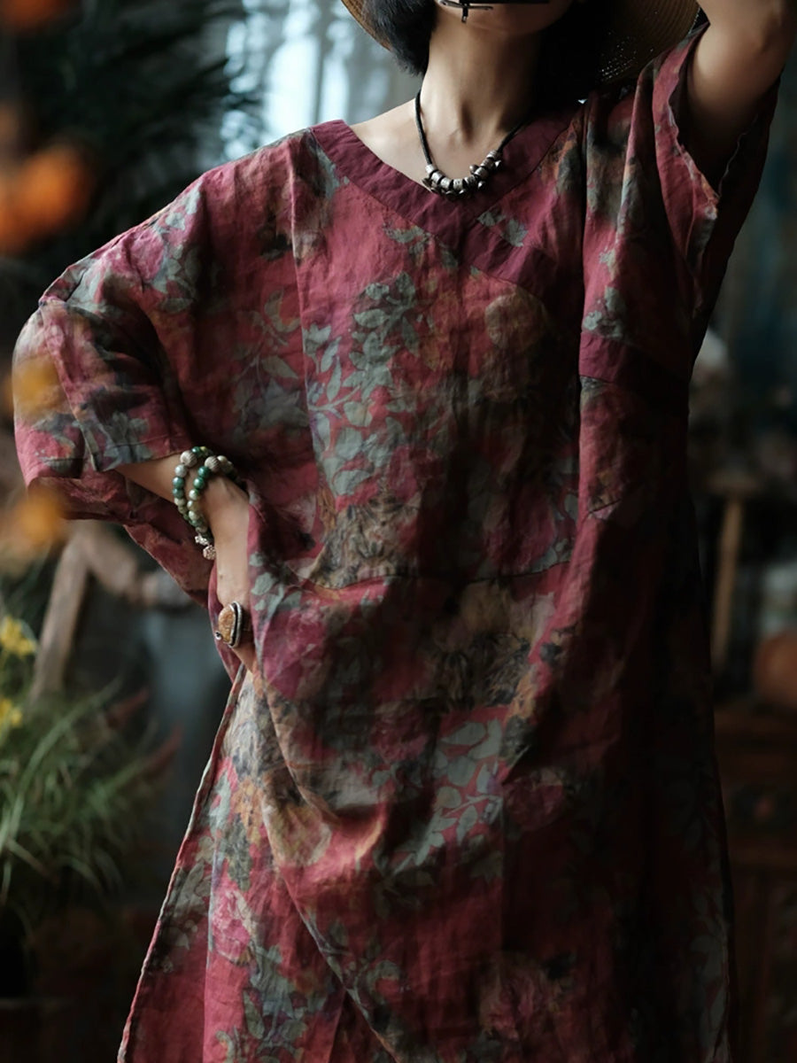 Women Summer Vintage Flower Ramie V-Neck Dress