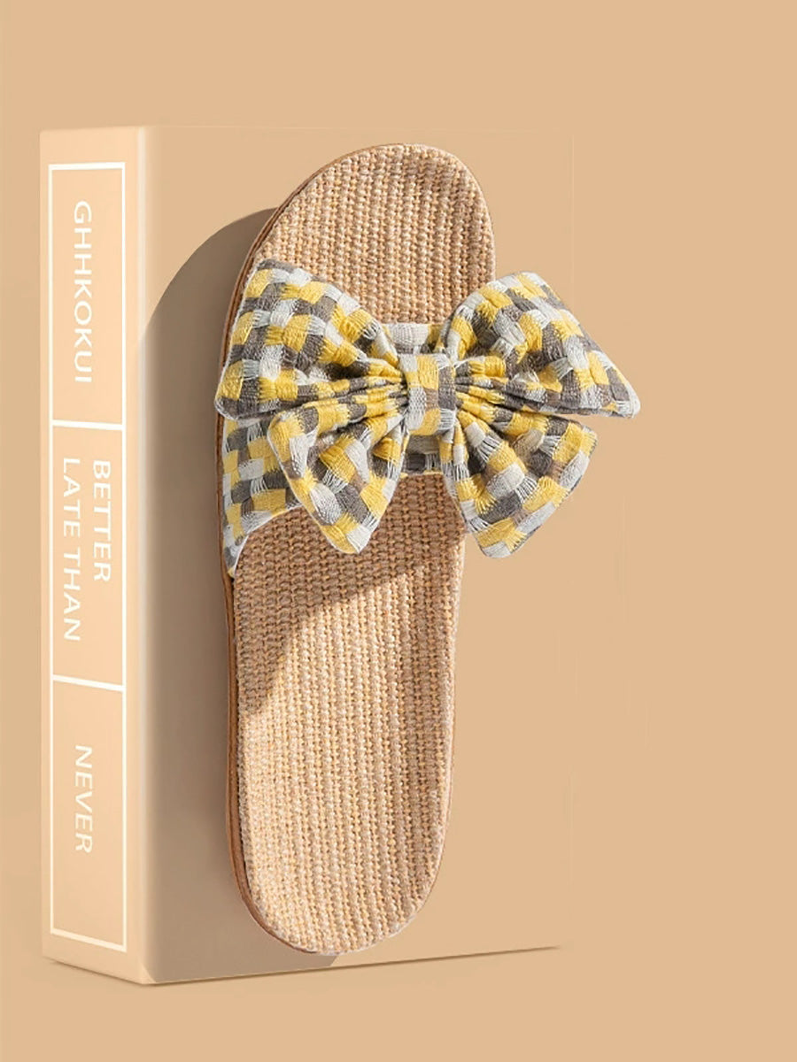 Women Summer Artsy Plaid Bowknot Linen Slippers