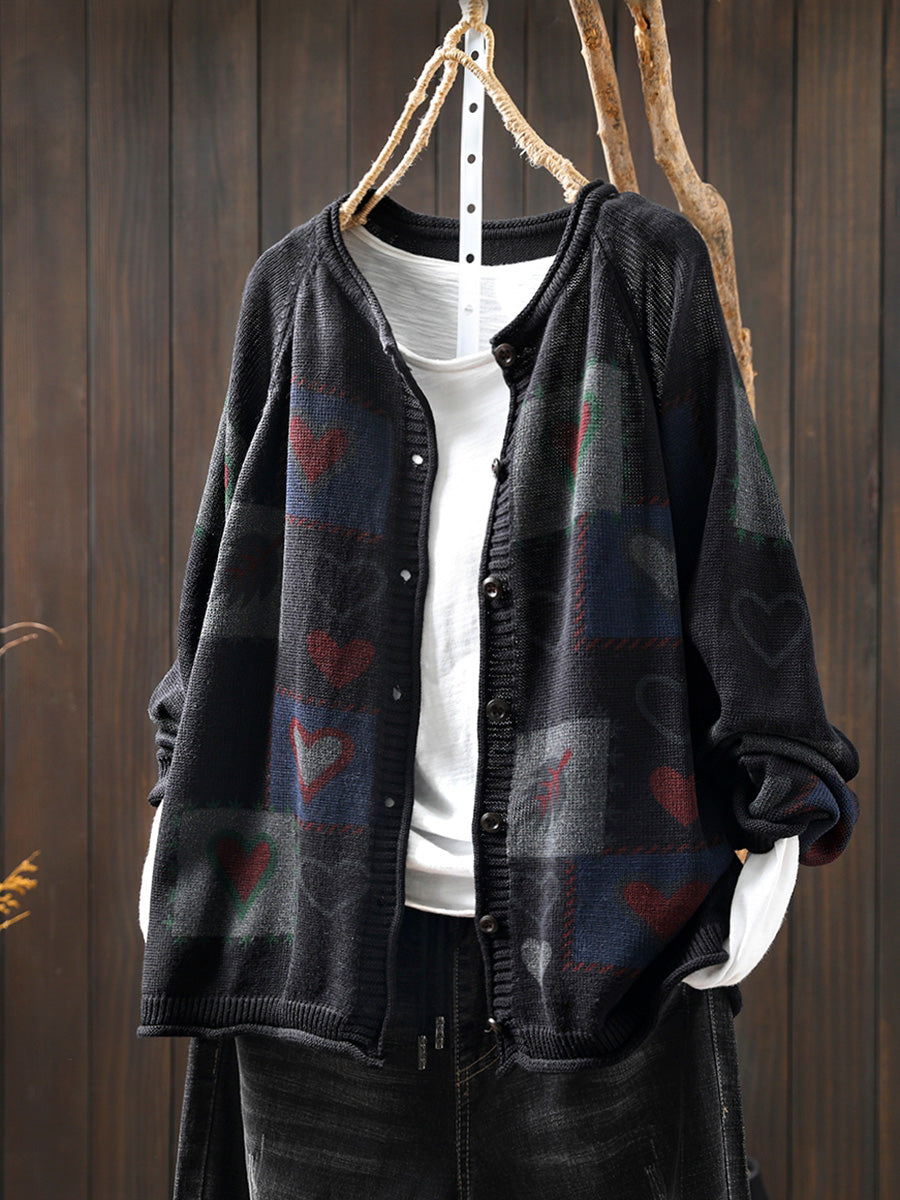 Women Autumn Artsy Heart Button-up Knitted O-Neck Shirt