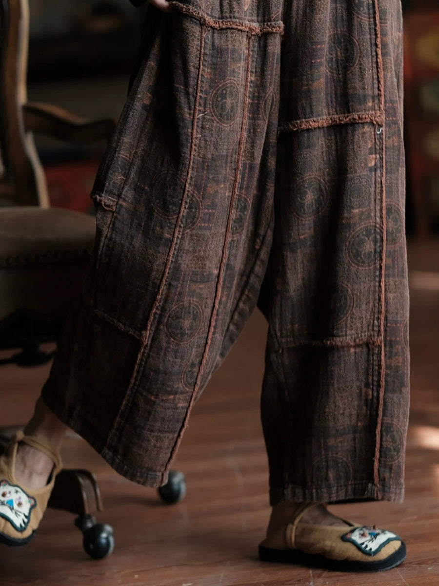 Women Summer Retro Print Spliced Cotton Wide-leg Pants