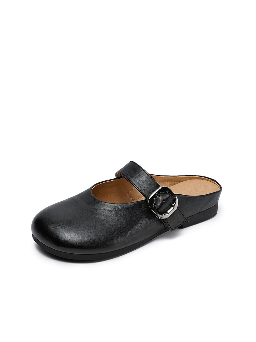 Women Summer Genuine Leather Pure Color Slippers