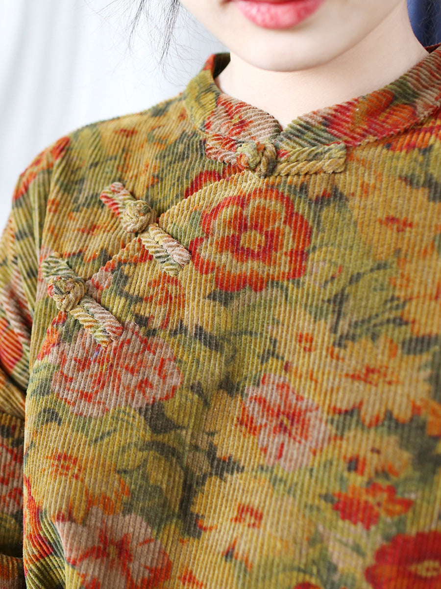 Women Autumn Ethnic Flower Stand Collar Croduroy Dress