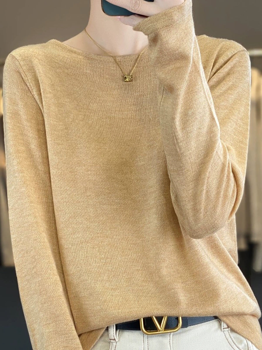 Women Autumn Casual Pure Color O-Neck Knit Sweater