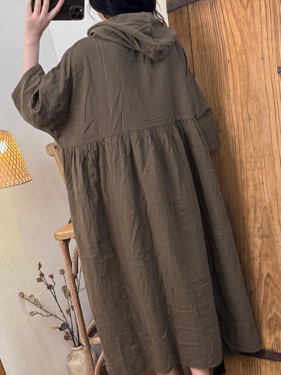 Women Summer Casual Pure Color Hooded Cotton Dress