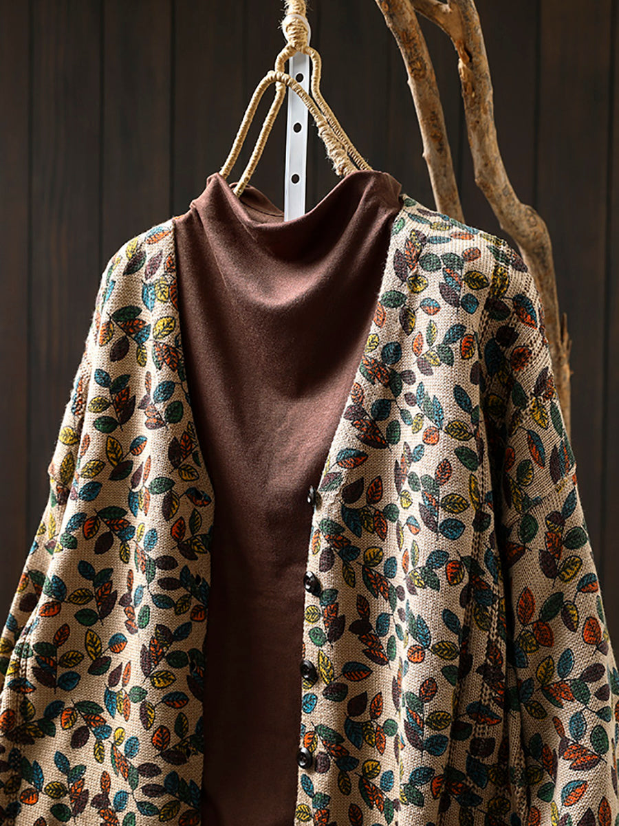 Women Autumn Leaf Knitted V-Neck Cardigan Sweater