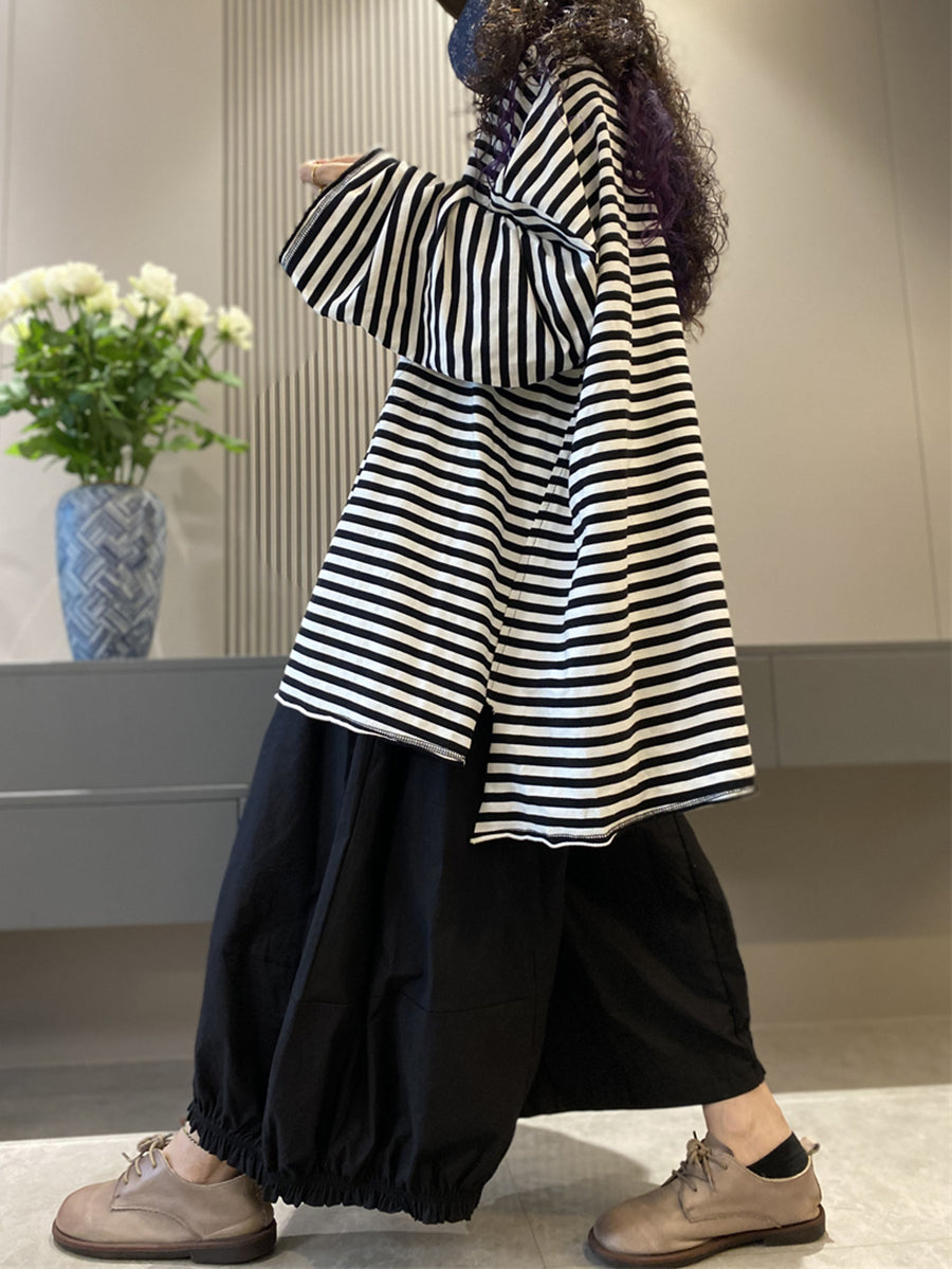 Women Autumn Casual Stripe Cotton O-Neck Shirt
