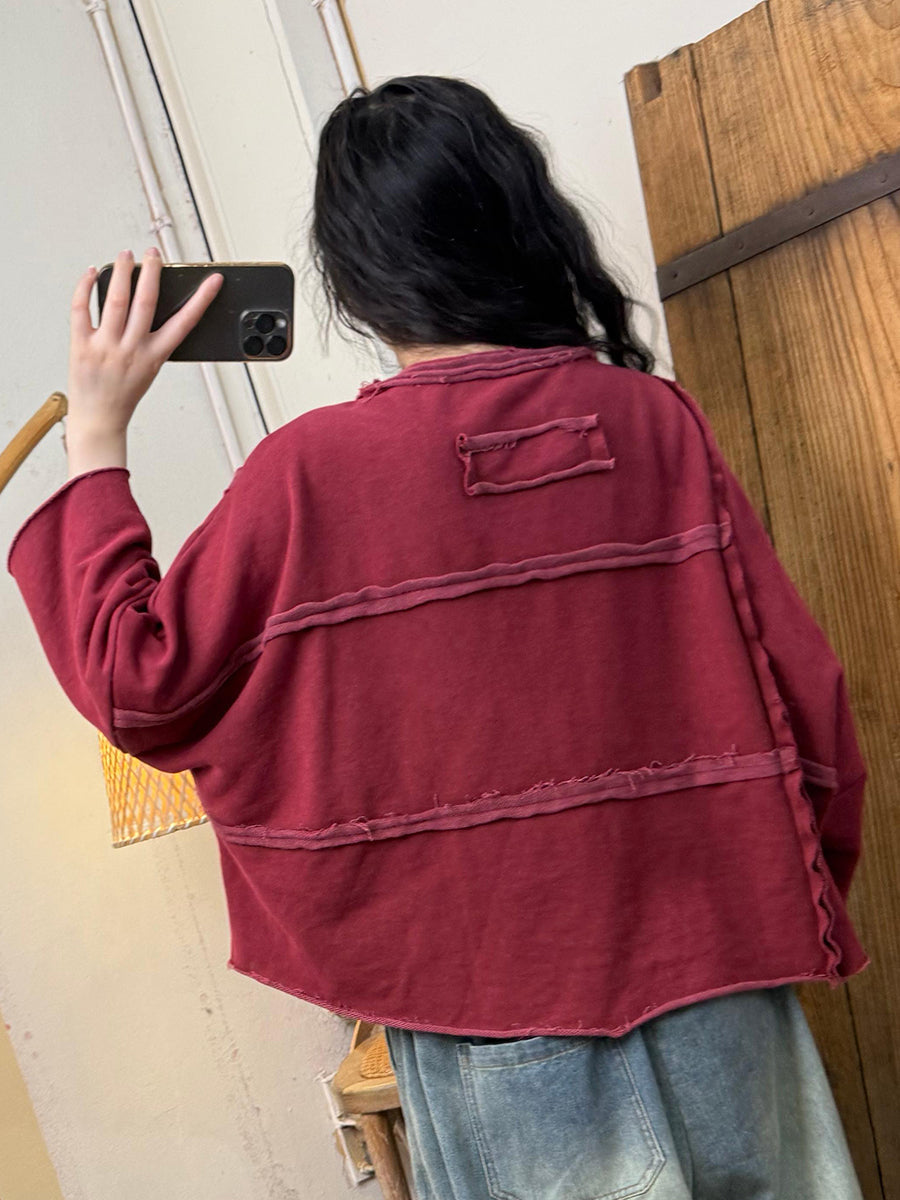 Women Autumn Retro Pure Color Spliced Cotton O-Neck Blouse