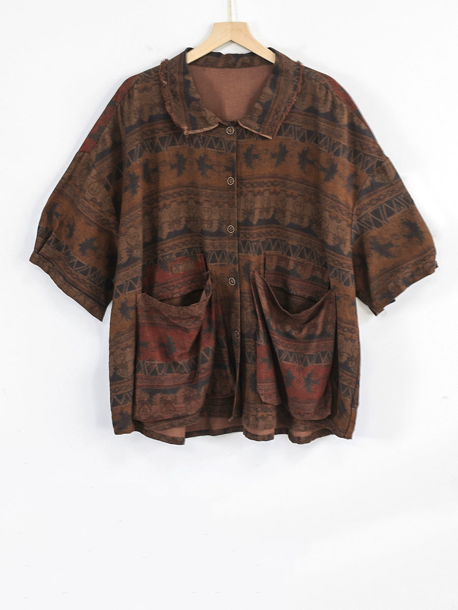 Women Autumn Retro Print 100%Cotton Turn-down Collar Shirt