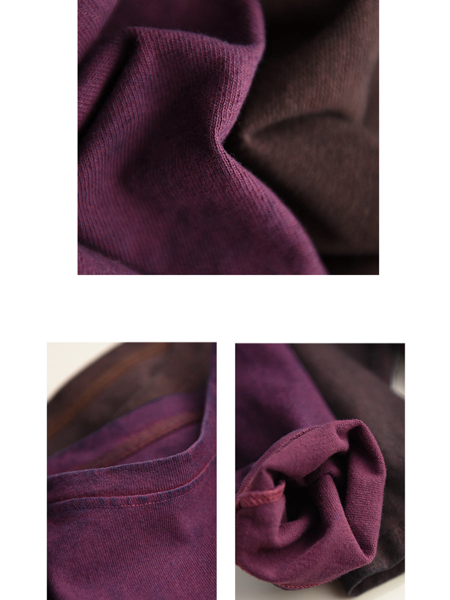 Women Autumn Retro Pure Color Cotton O-Neck Shirt