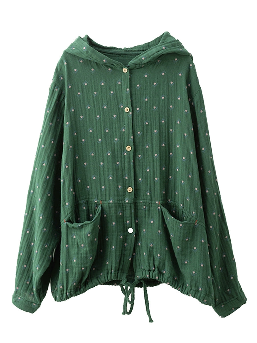 Women Autumn Artsy Floral 100%Cotton Hooded Shirt