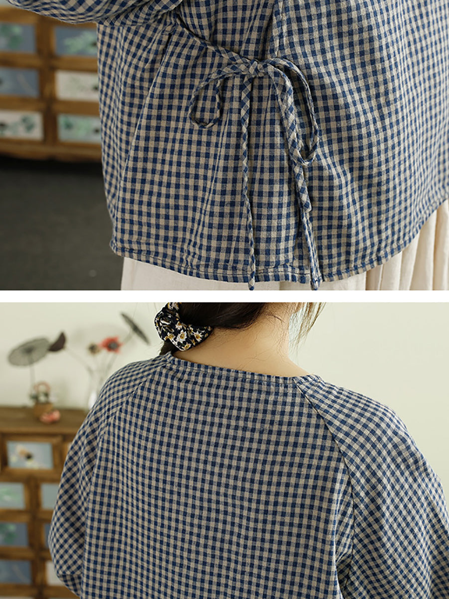 Women Autumn Artsy Plaid Cotton Linen O-Neck Shirt