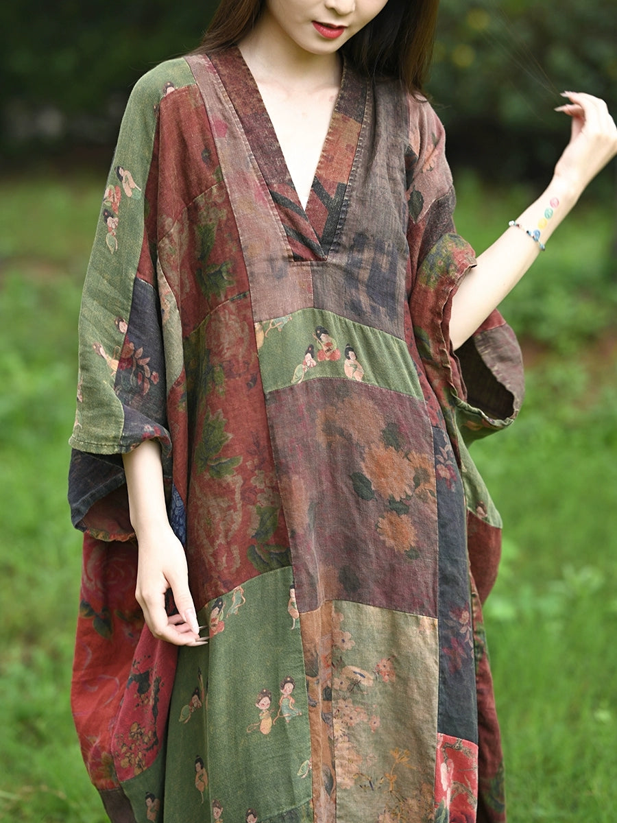 Women Summer Ethnic Flower Patch V-Neck 100%Linen Dress