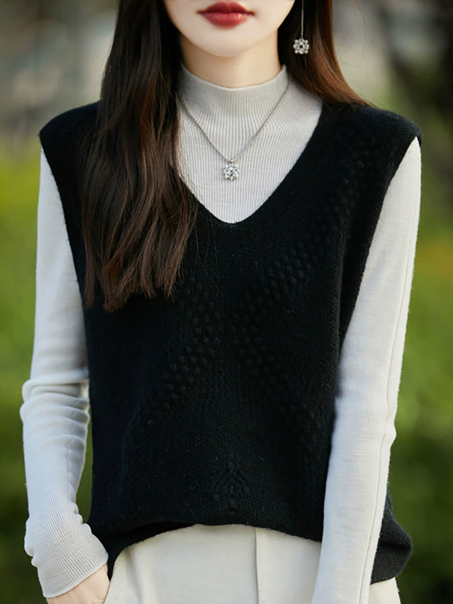 Women Autumn Casual Pure Color V-Neck Knitted Vest