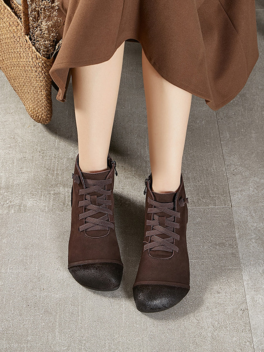 Women Vintage Genuine Leather Spliced Ankle Boots