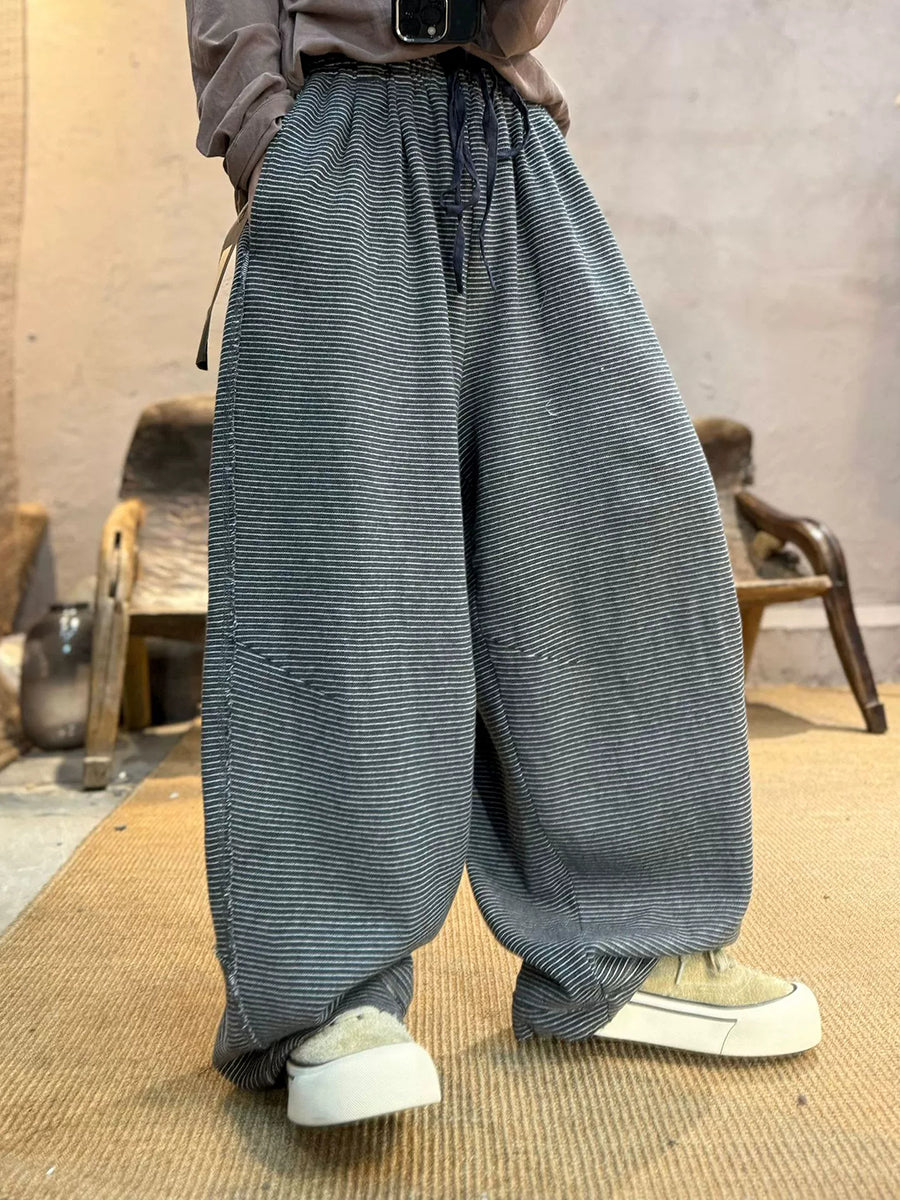 Women Autumn Casual Stripe Cotton Wide-leg Pants