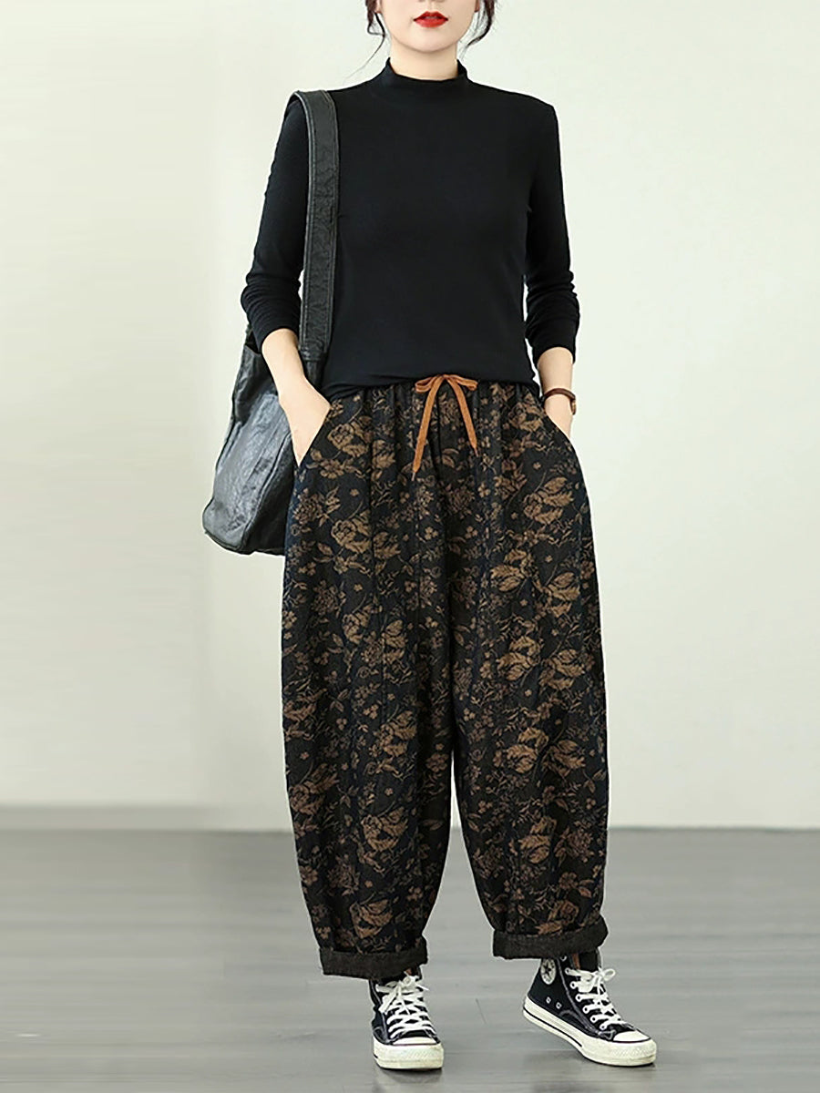 Women Autumn Retro Flower Cotton Harem Pants