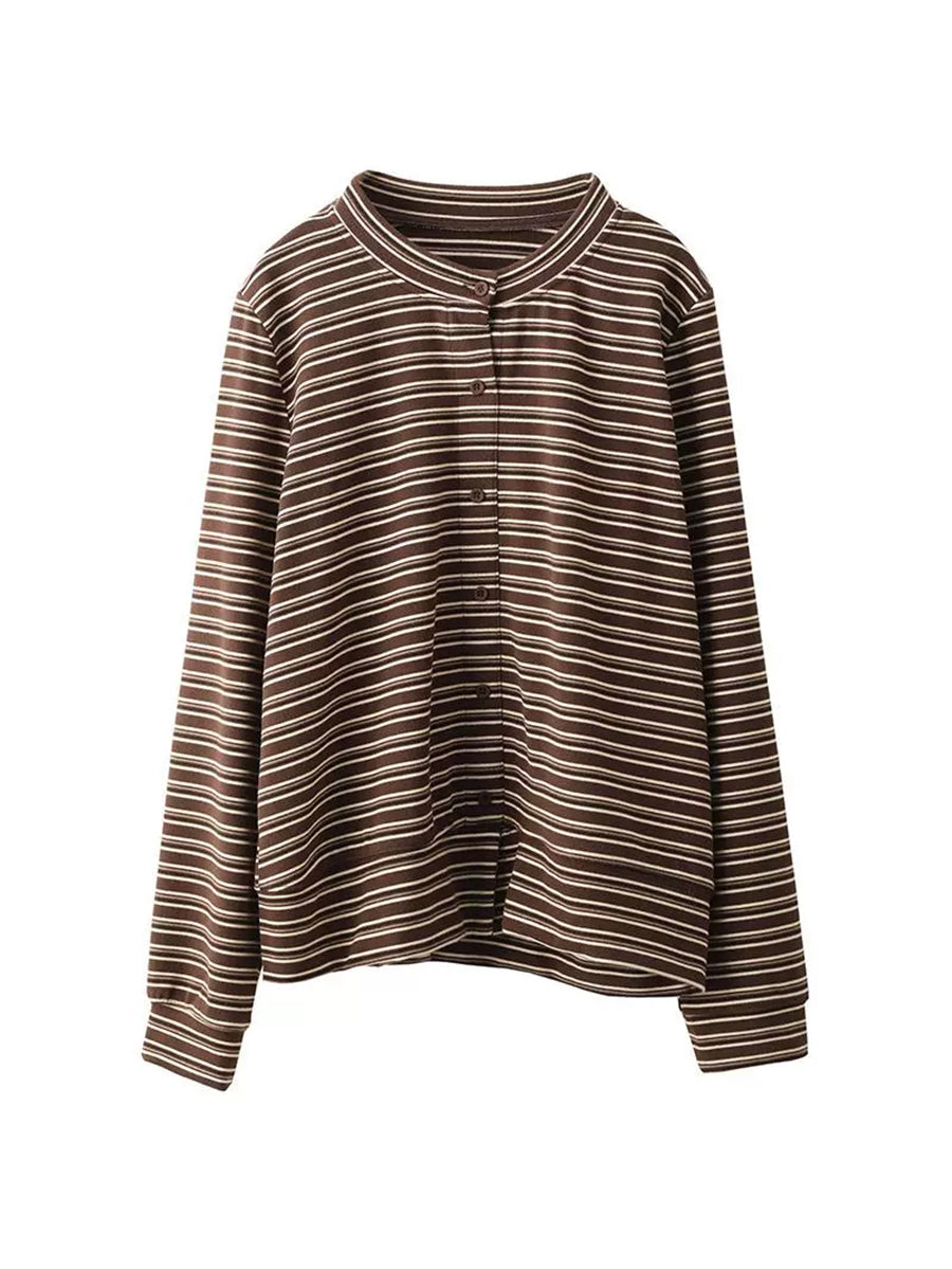 Women Autumn Artsy Stripe O-Neck Cardigan Blouse