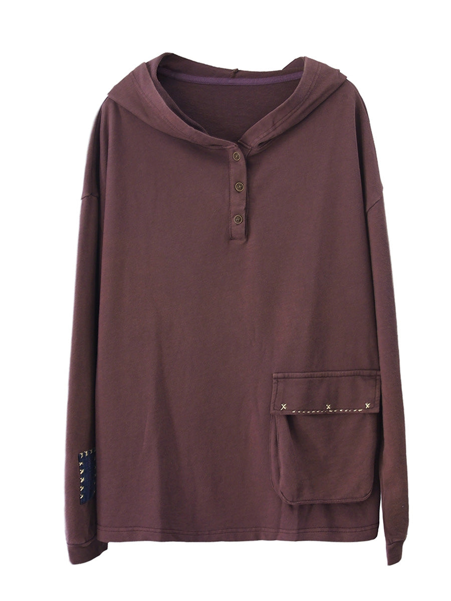 Women Autumn Casual Pure Color 100%Cotton Hoodie