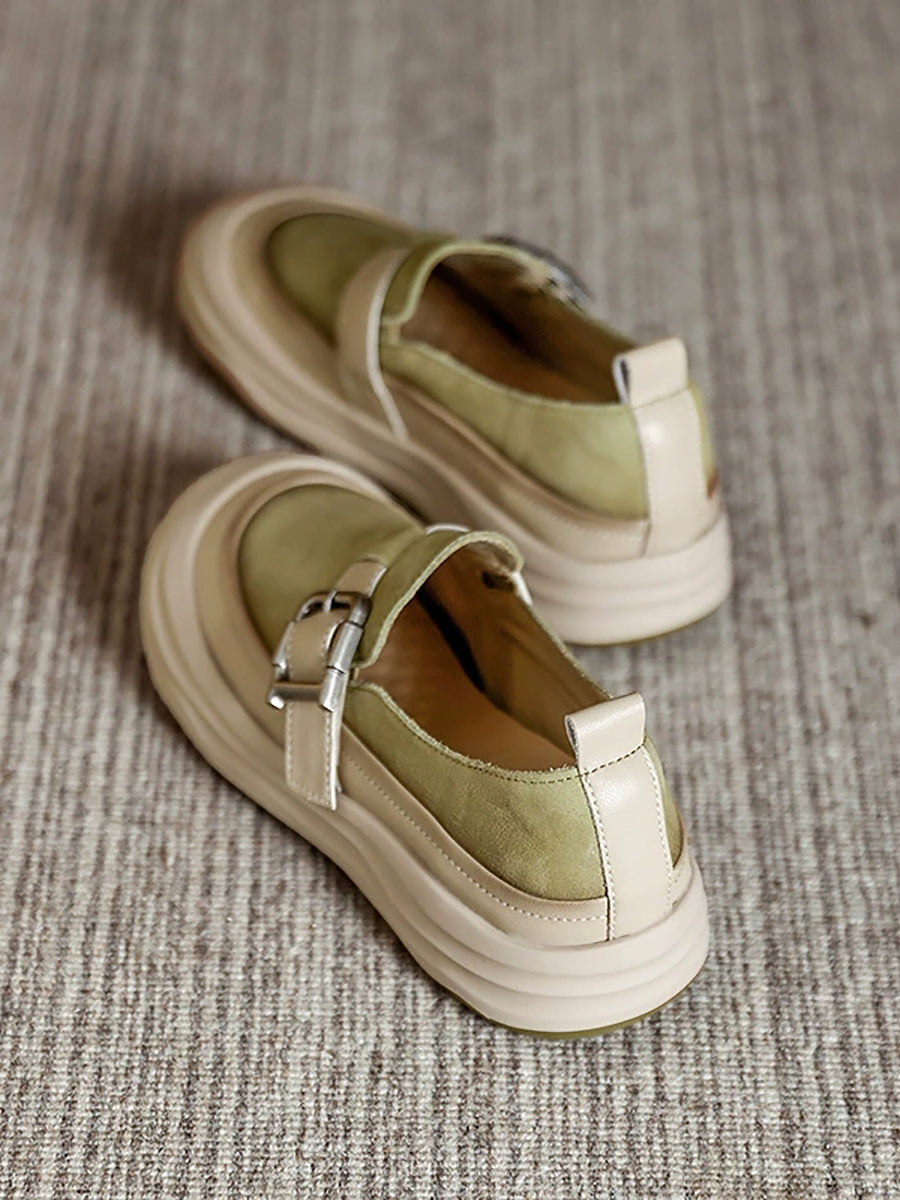 Women Autumn Colorblock Leather Flat Shoes