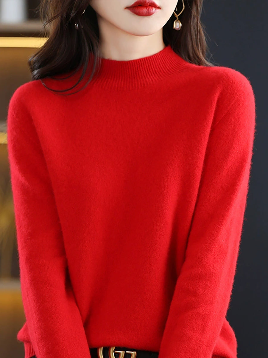 Women Autumn Casual Knitted Wool Half-Turtleneck Sweater